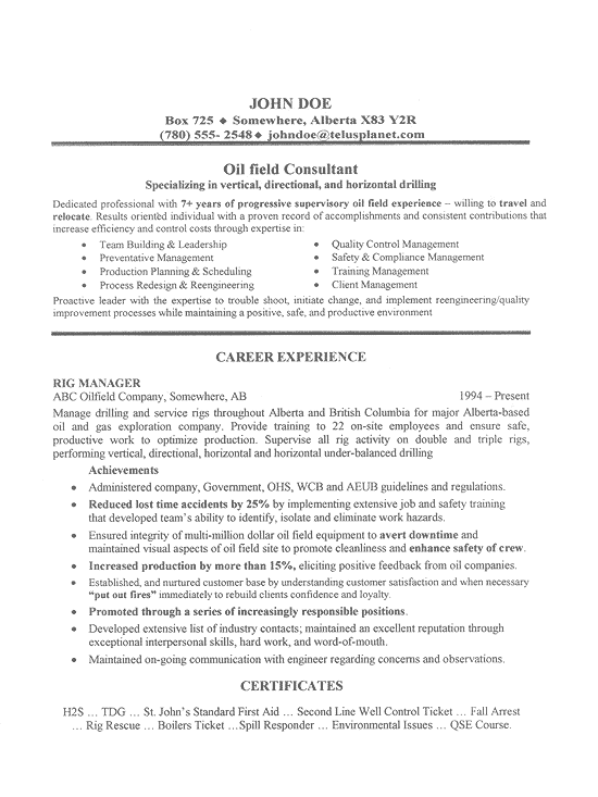 oil field job resume sample